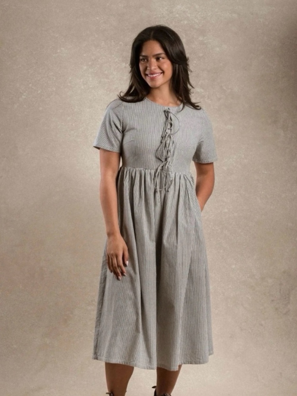 The Dawson- Striped Short-Sleeve Midi Dress with Front Tie